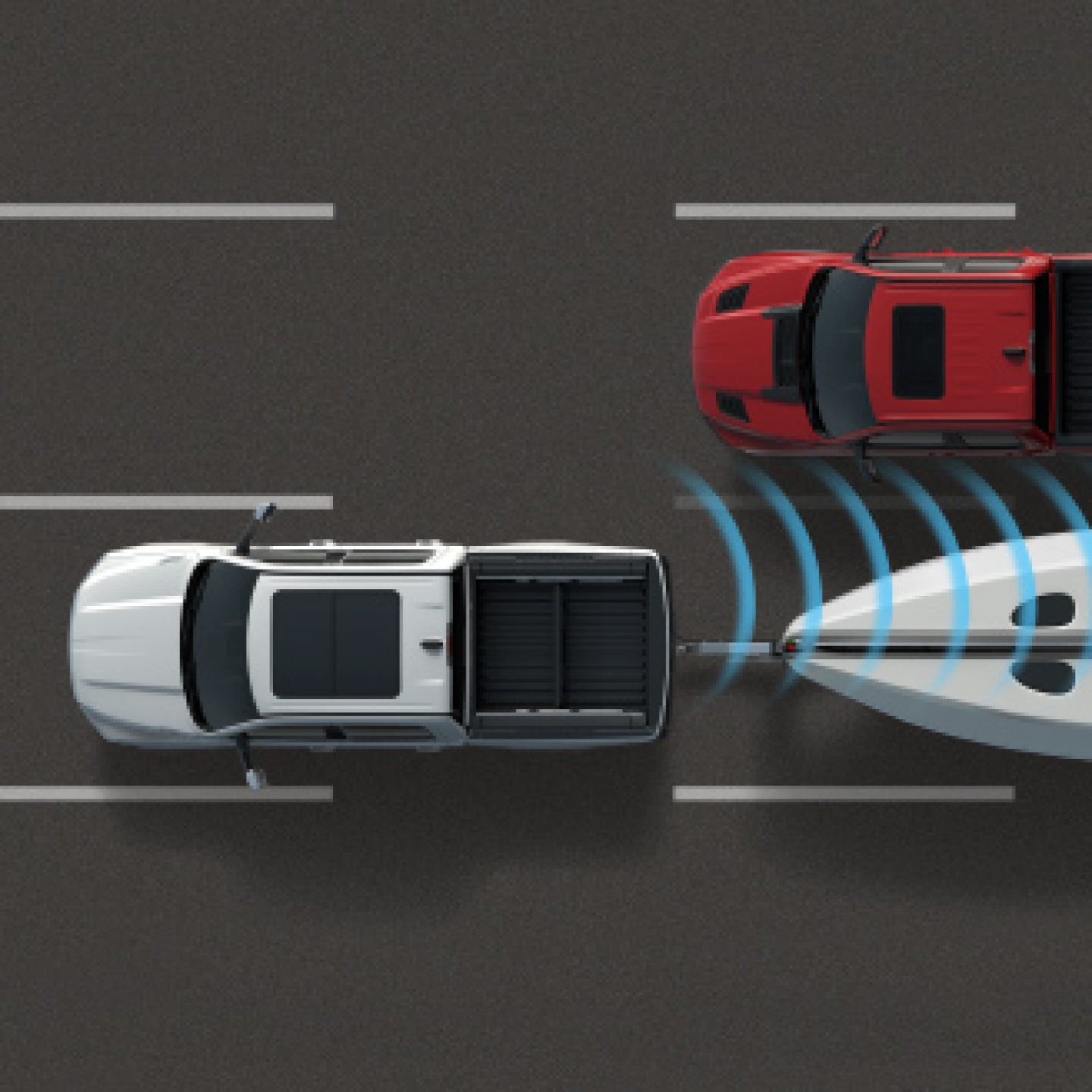 An illustration of sensors emanating from the rear of a 2020 Ram 1500 detecting another vehicle entering its blind spot zone.