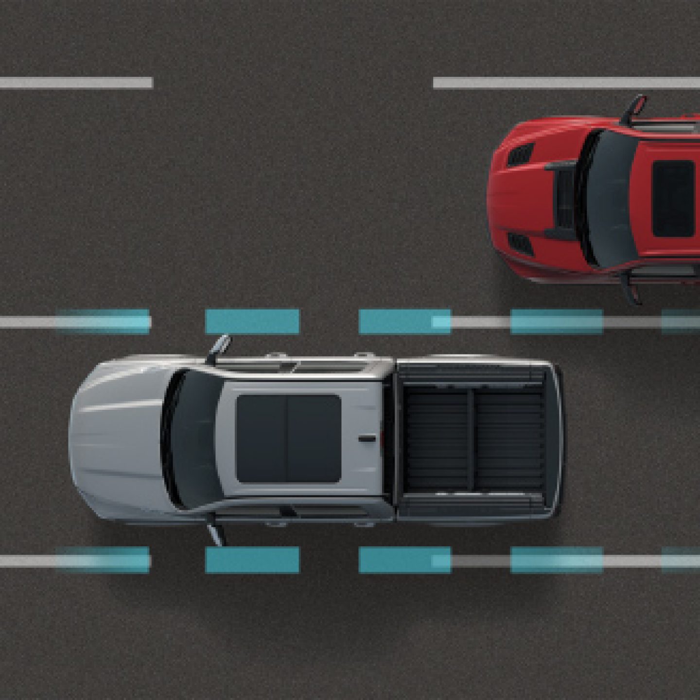 An illustration of a 2020 Ram 1500 driving on a road with sensors detecting the lane markers on either side of it.