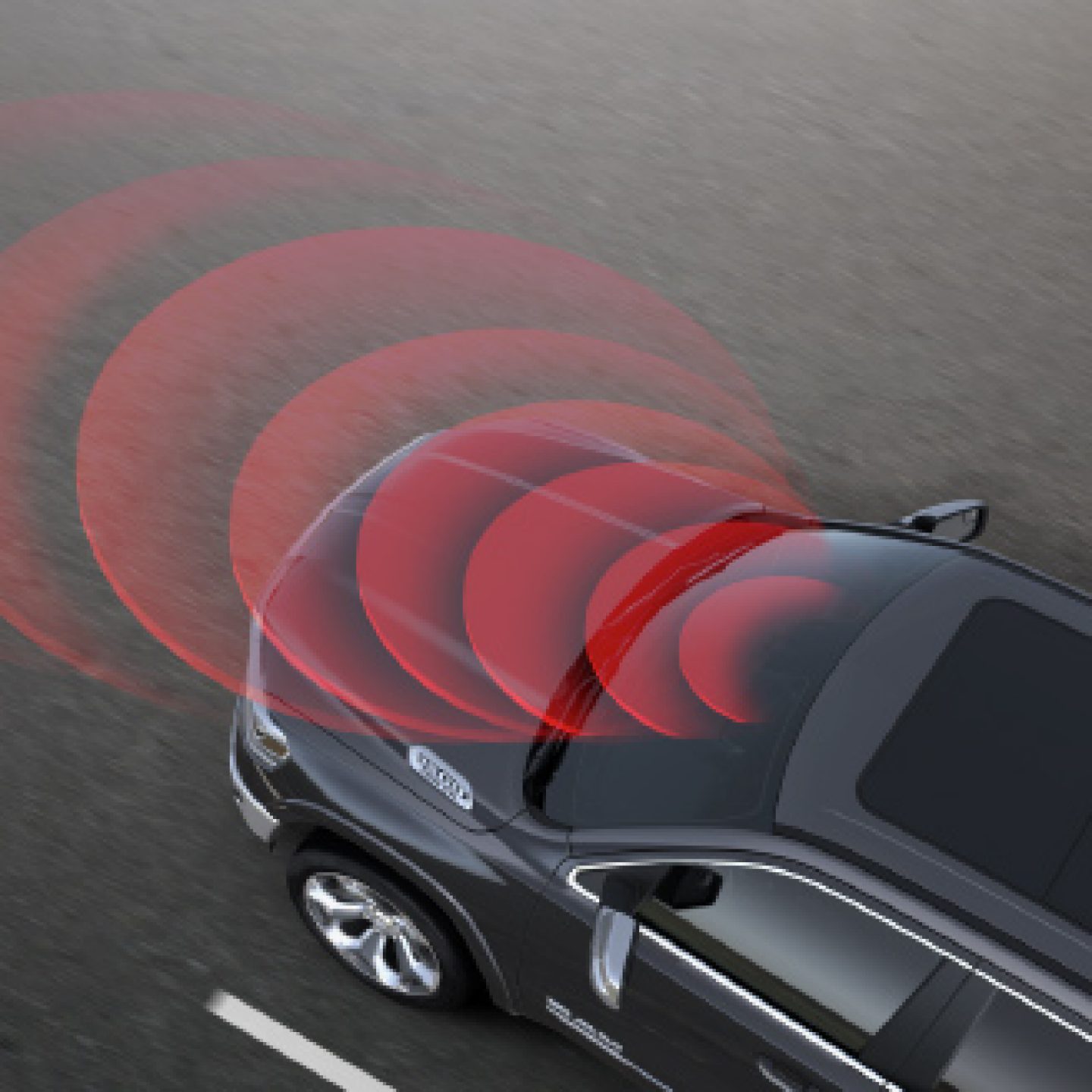 An illustration of sensors emanating from the front of a 2020 Ram 1500 to detect potential collisions.