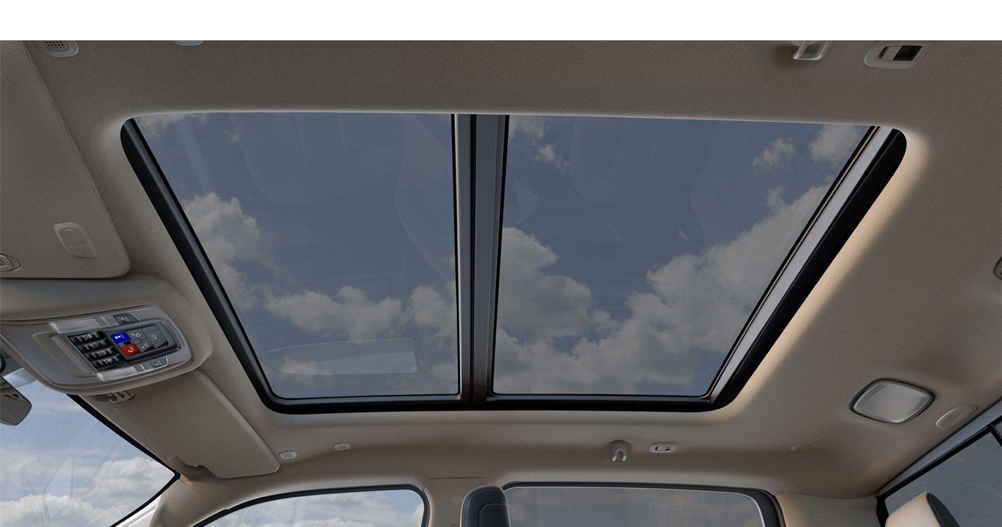 A closeup of the dual-pane panoramic sunroof available on the 2020 Ram 1500.