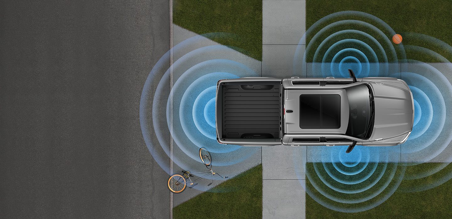An illustration of sensors emanating from a 2020 Ram 1500 to show the areas covered by the 360-degree Surround View Carmera.