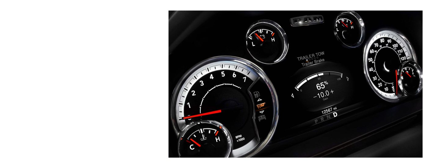 The Driver Information Digital Cluster Display in the 2022 Ram 1500 Classic showing information on the Trailer Tow Trailer Brake.